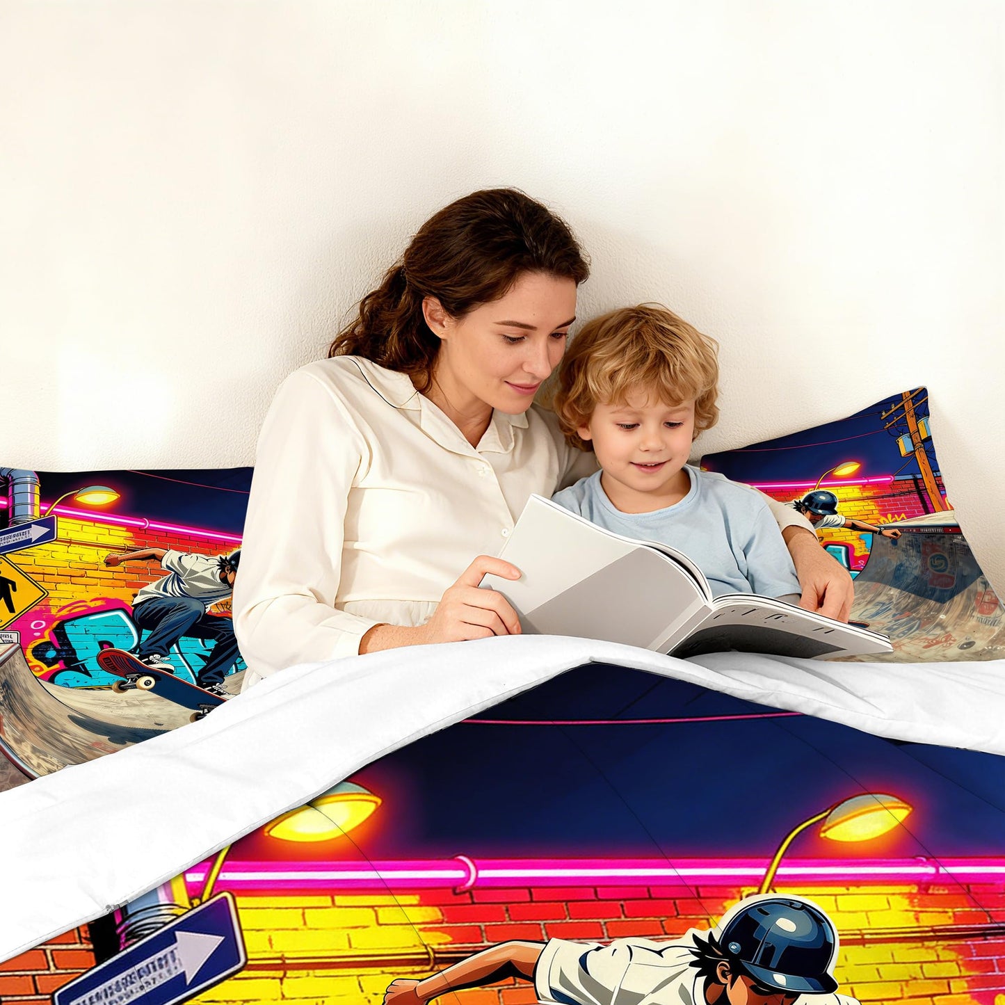 VTKON Skateboard Comforter Set for Teens Queen 3Pcs with 1 Comforter and 2 Pillowcases Cool Graffiti Bedding Set Boys Sports Themed Bed Sets Microfiber for All Season