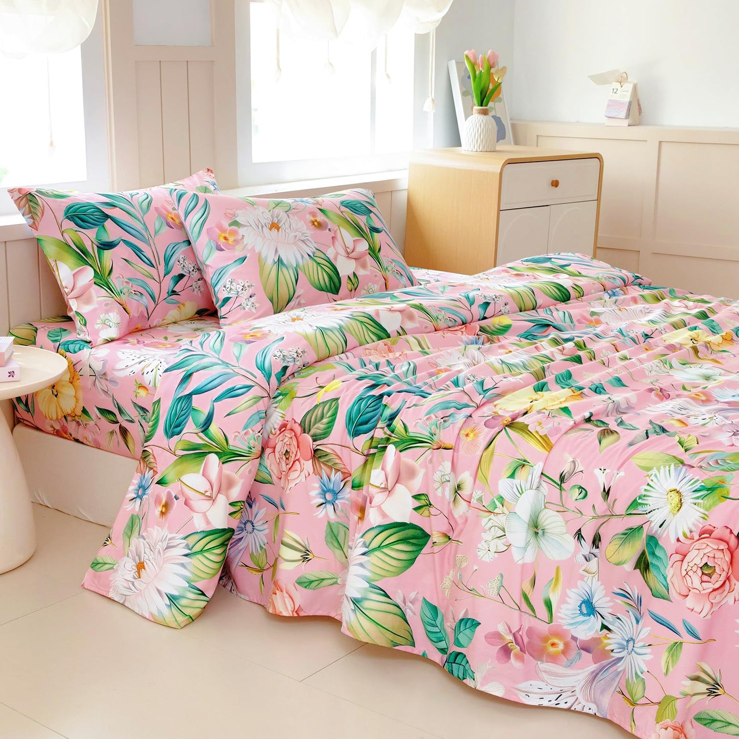 MICORAL Boho Floral Queen Sheet Set, 4-Piece Printed Botanical Bed Sheets, 16" Deep Pocket, Ultra Soft & Cooling Sheet, Oeko-TEX Certified, Blossoming Pink
