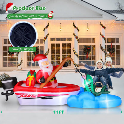 FunFanso 11FT Christmas Inflatable Santa Claus Fishing on The Boat, Blow up Outdoor Decorations with Built-in Bright LED Lights, Vibrant Xmas Festival Decor for Lawn Yard Garden Holiday Party Porch