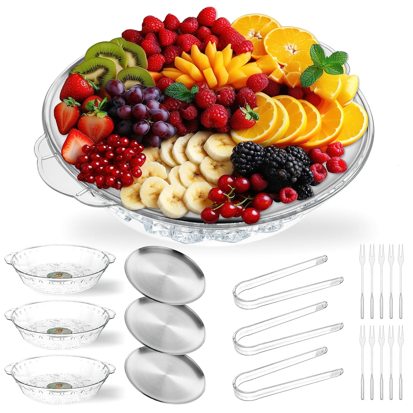 3 Set Chilled Serving Tray for Parties with Compartments, 11.8" Ice Chilled Party Platter, Ice Serving Board with 3 Tongs 10 Forks, Cold Dish Dip for Fruit,Veggies, Appetizer, Shrimp Cocktail
