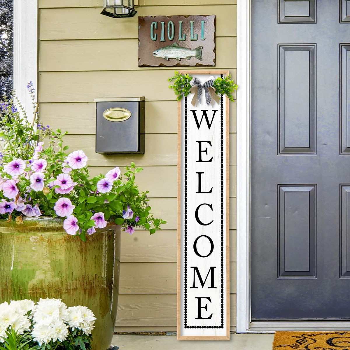 Aurapeak Welcome Sign for Front Porch Door Standing, Outdoor Large Wooden Home Rustic Farmhouse Yard Vertical Hanging Modern Entryway Plaques Outside Decorations (45"X9" Wood)