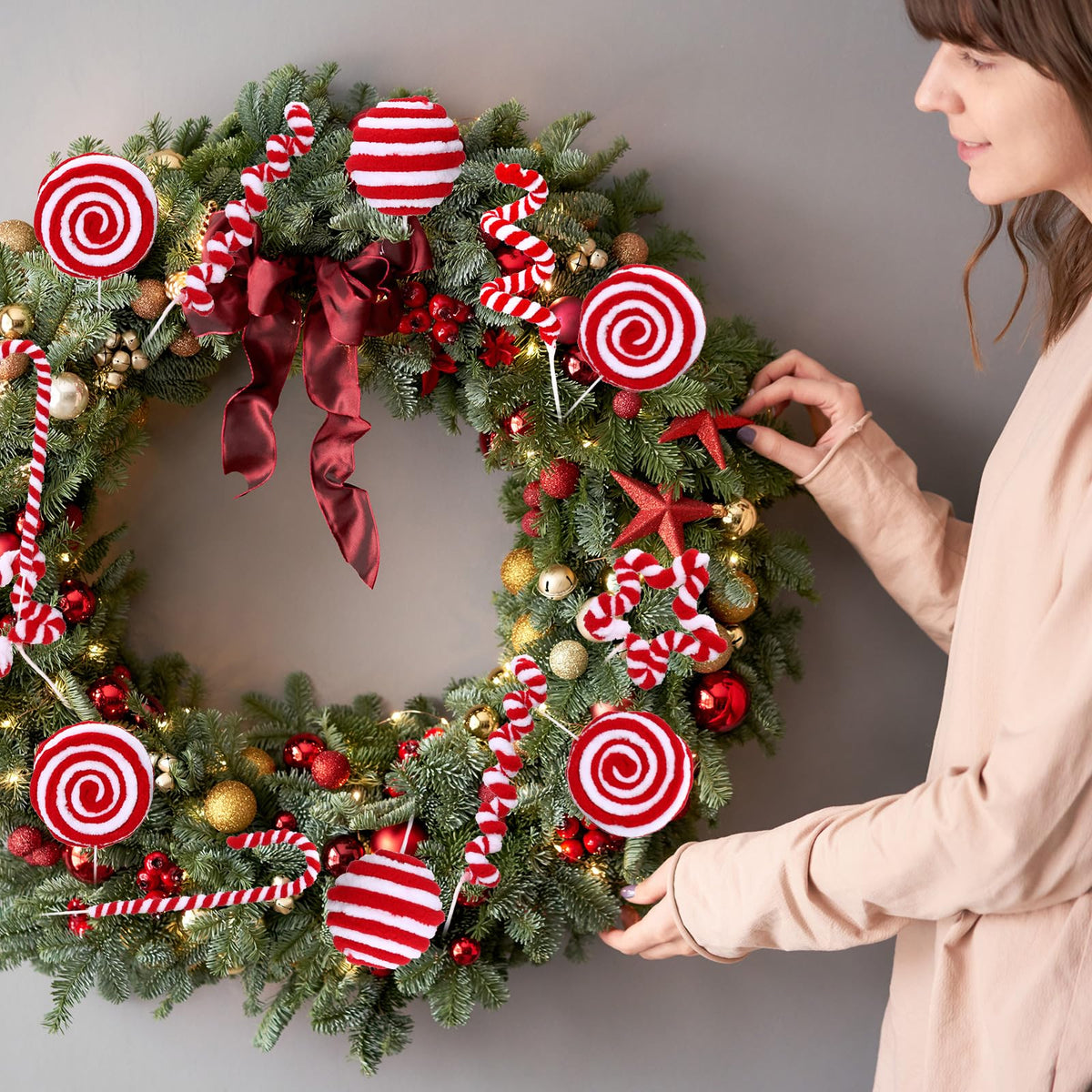 Yerliker 24 Pcs Candy Cane Christmas Tree Decorations, Fluff Christmas Ornaments Peppermint Lollipop Balls Curly Picks for Home Wreath Table Vase Mantel Decor(Red, White,Large)
