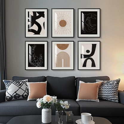 Framed Boho Black and White Brown Modern Abstract Wall Art for Living Room, Set of 6 Bohemian Wall Hanging Artwork, Minimalist Sun Geometric Pictures for Bedroom Office Bathroom Wall Decor 11x14 Inch