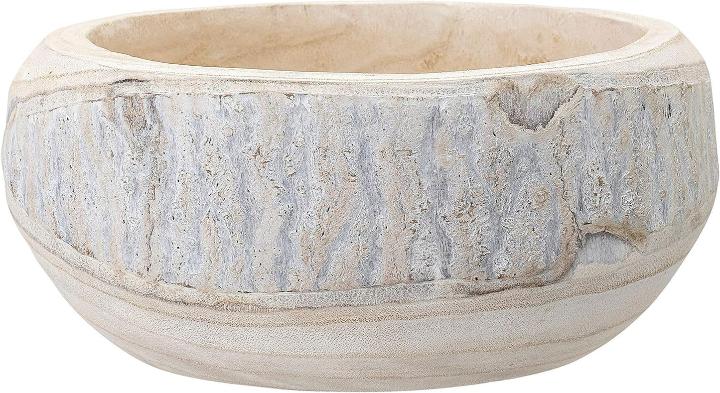 BOLTCORRSE Large Whitewashed Decorative Wood Bowl - Dramatically Textured Hand-Carved Paulownia Wooden Centerpiece - Rustic Farmhouse & Organic Modern Decor Accent