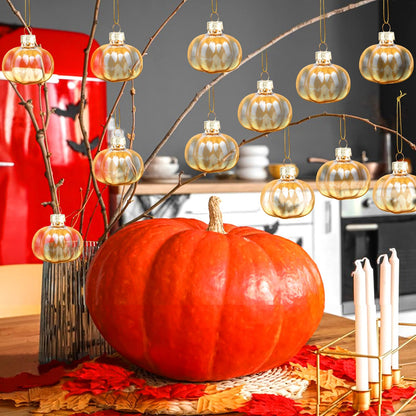YiYa 12 Pcs Fall Pumpkin Ornaments Glass Pumpkin Hanging Ornaments for Tree Thanksgiving Tree Ornament Set for Autumn Thanksgiving Halloween Xmas Home Decoration