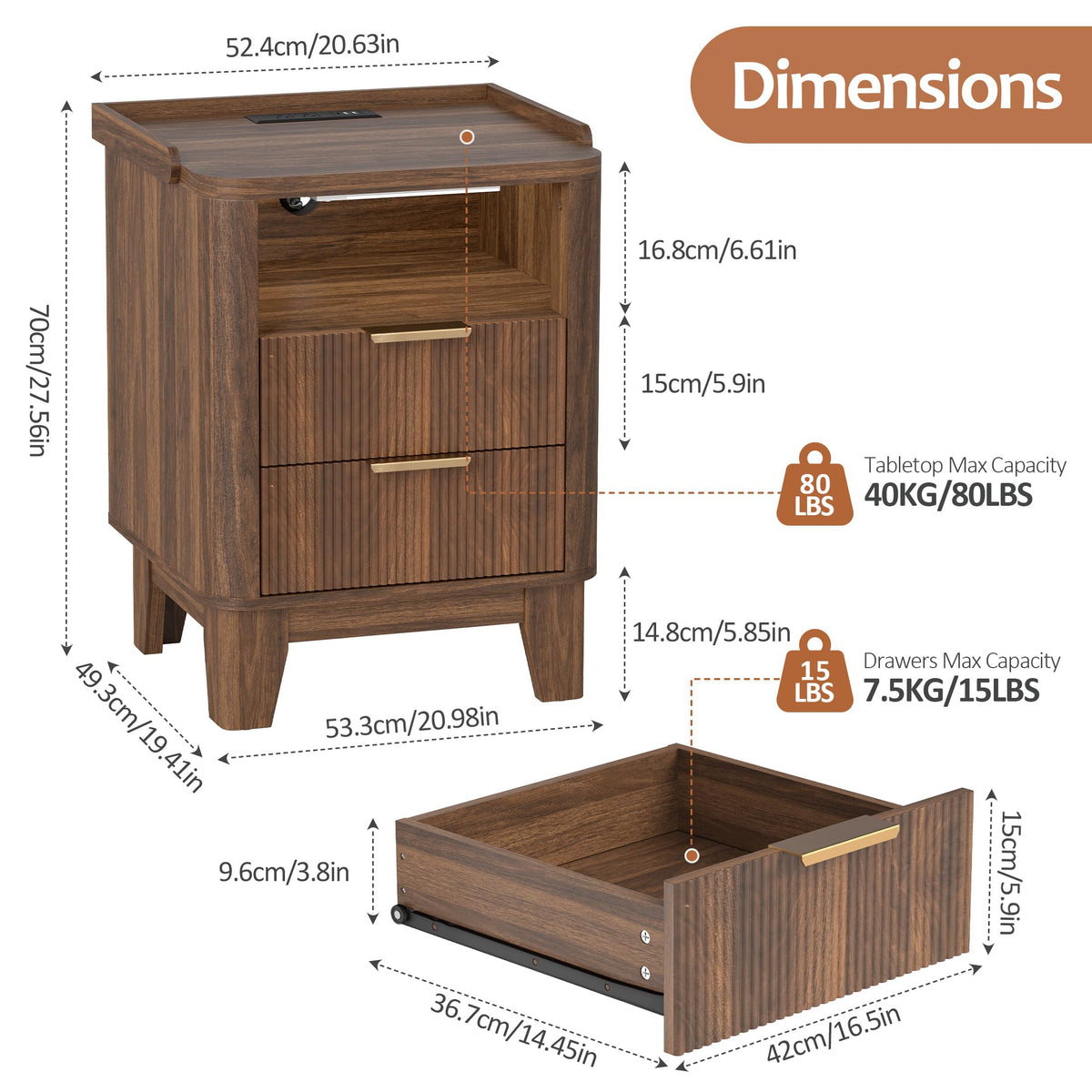 Turosur Night Stand with Charging Station, Fluted Nightstand with 2 Drawers and LED Light, Wood Bedside Table with Open Storage for Bedroom, Walnut