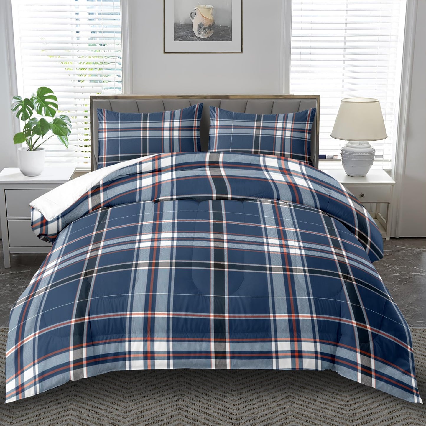 llyxsesty Blue Grid Comforter Set King Teens Plaid Design Bedding Set for Boys Gingham Comforter King Girls Quilt Plaid Bedroom Decor Grid Checkered Bedding Bed Decor