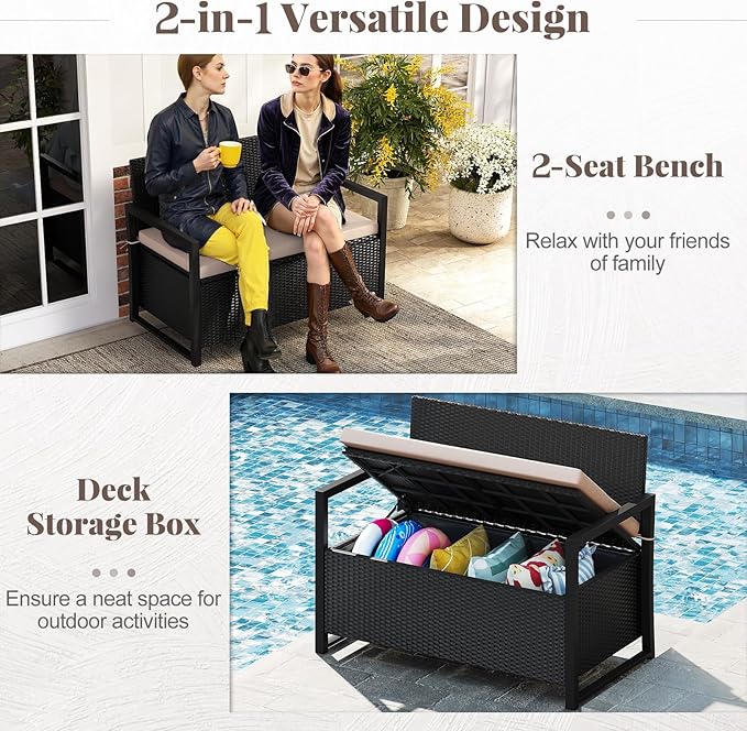 RELAX4LIFE Wicker Outdoor Bench with Storage - Rattan Deck Box w/Protective Liner for Pillows, Pool Supplies, Garden Tools, Patio Loveseat with Seat Cushion & Metal Armrests for Backyard Porch Balcony