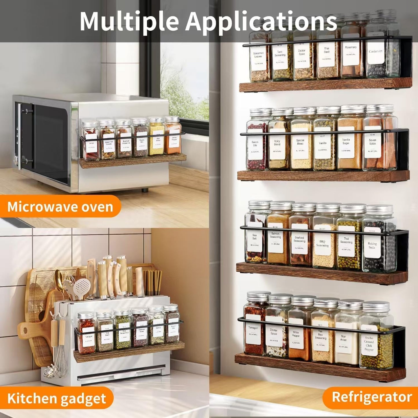 KitHero Magnetic Spice Rack with 24 Jars, 216 Labels, 1 Steel Funnel for Refrigerator，Microwave Oven - Full Set of Spice Organizer