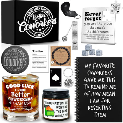 15 Pcs Coworker Leaving Gifts, Farewell Gifts, Going Away Gift with 11 Oz Whiskey Glass 4 Whiskey Stones Coaster Plaque Notebook Candle Bracelet, New Job, Good Luck Gift for Coworker Boss Friends Men