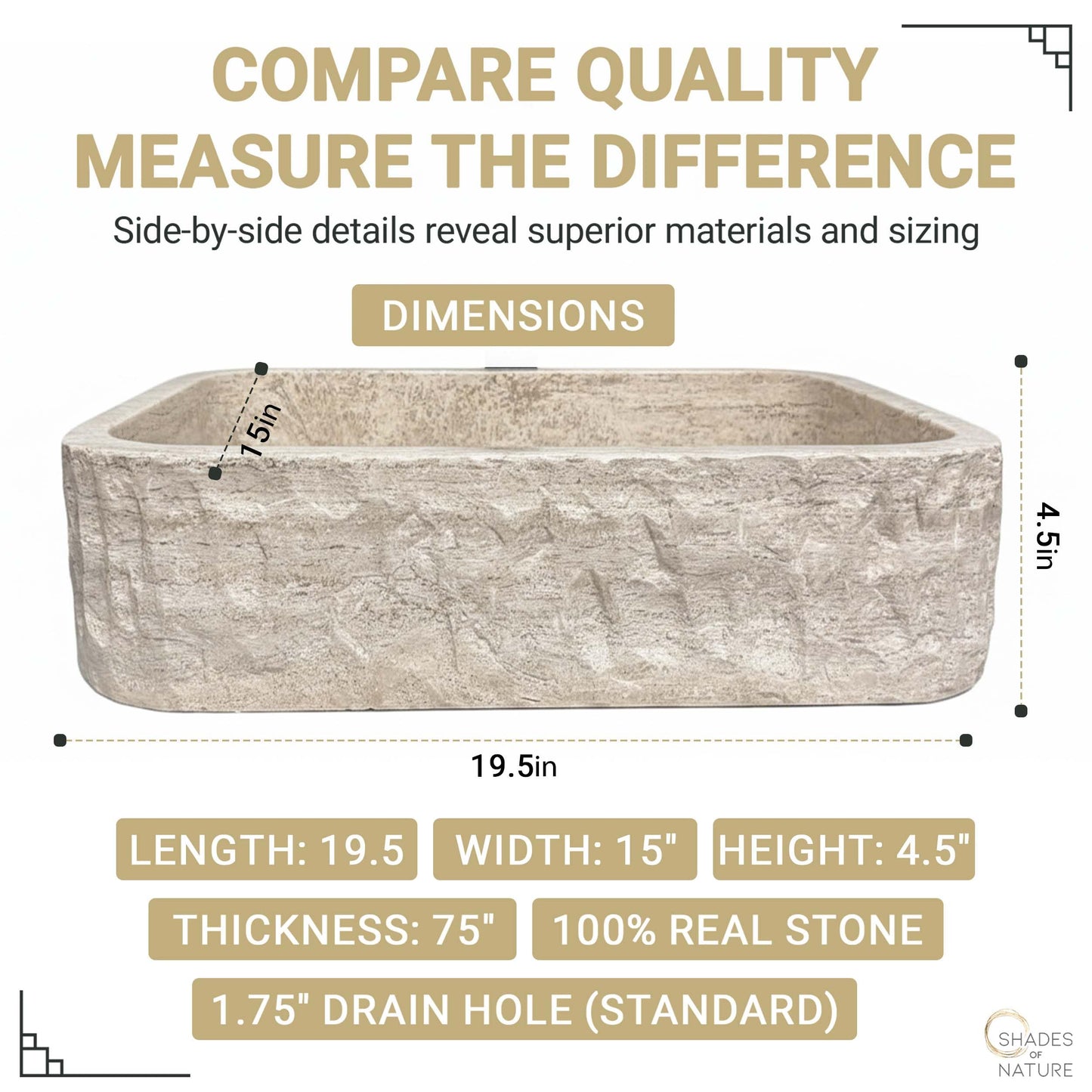 Shades of Nature Rectangular Travertine Vessel Sink, Natural Stone Wash Basin, Hand-Carved Bathroom Sink, Chiseled Exterior, Polished Interior, Above Counter Vanity (Soap Tray Included)