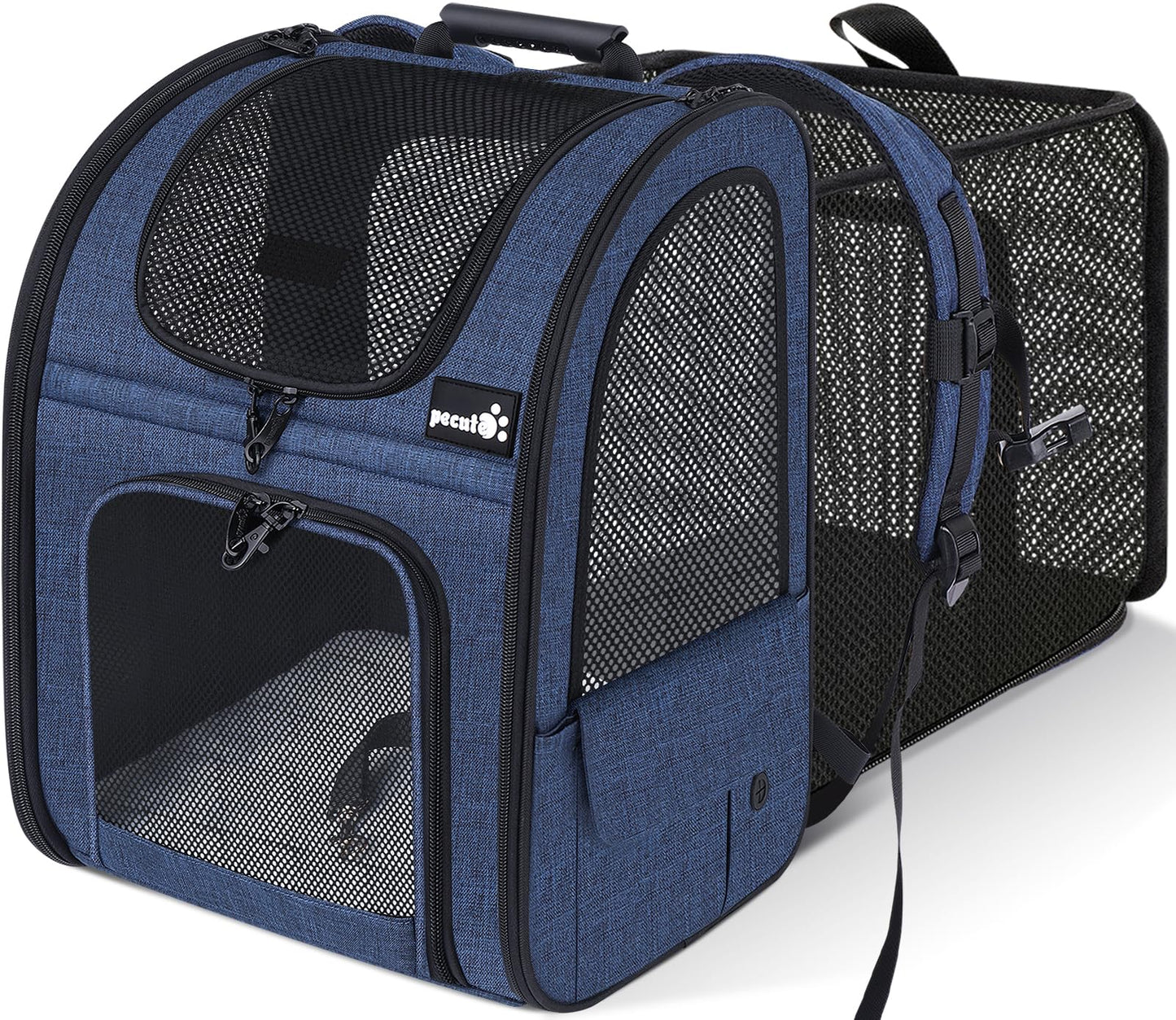 pecute Cat Carrier Dog Backpack Expandable, Portable Breathable Rucksack with Front Opening-Mesh Window-Pockets, Extendable Back More Space Great For Carrying Puppy Dogs Cats Up to 8KG(Blue)