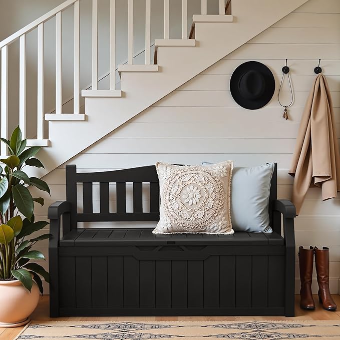 Greesum 80 Gallon Outdoor Storage Bench, Weather-Resistant Deck Box, Patio Furniture Bench for Backyard, Garden, Porch, Large Capacity Seat for Pillows Cushions Patio Accessories, Dark Black