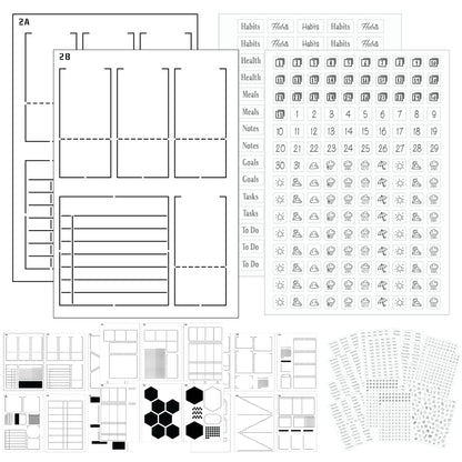 Weekly Planner Layout Journaling Supplies Kit (32 pcs) - 18 Weekly Layout A5 Planner Stencils and 14 Sheets Minimalist Planner Stickers, Planner Accessories Compatible with A5 Bullet Journals