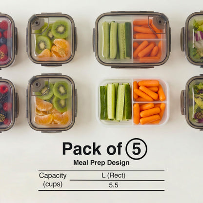 Clutterix Compartmentalized Plastic Airtight Food Storage Containers with Vented Lids, 3-Compartment Design, BPA-Free, 5-Pack (5.5 Cups Each) for Meal Prep and Portion Control