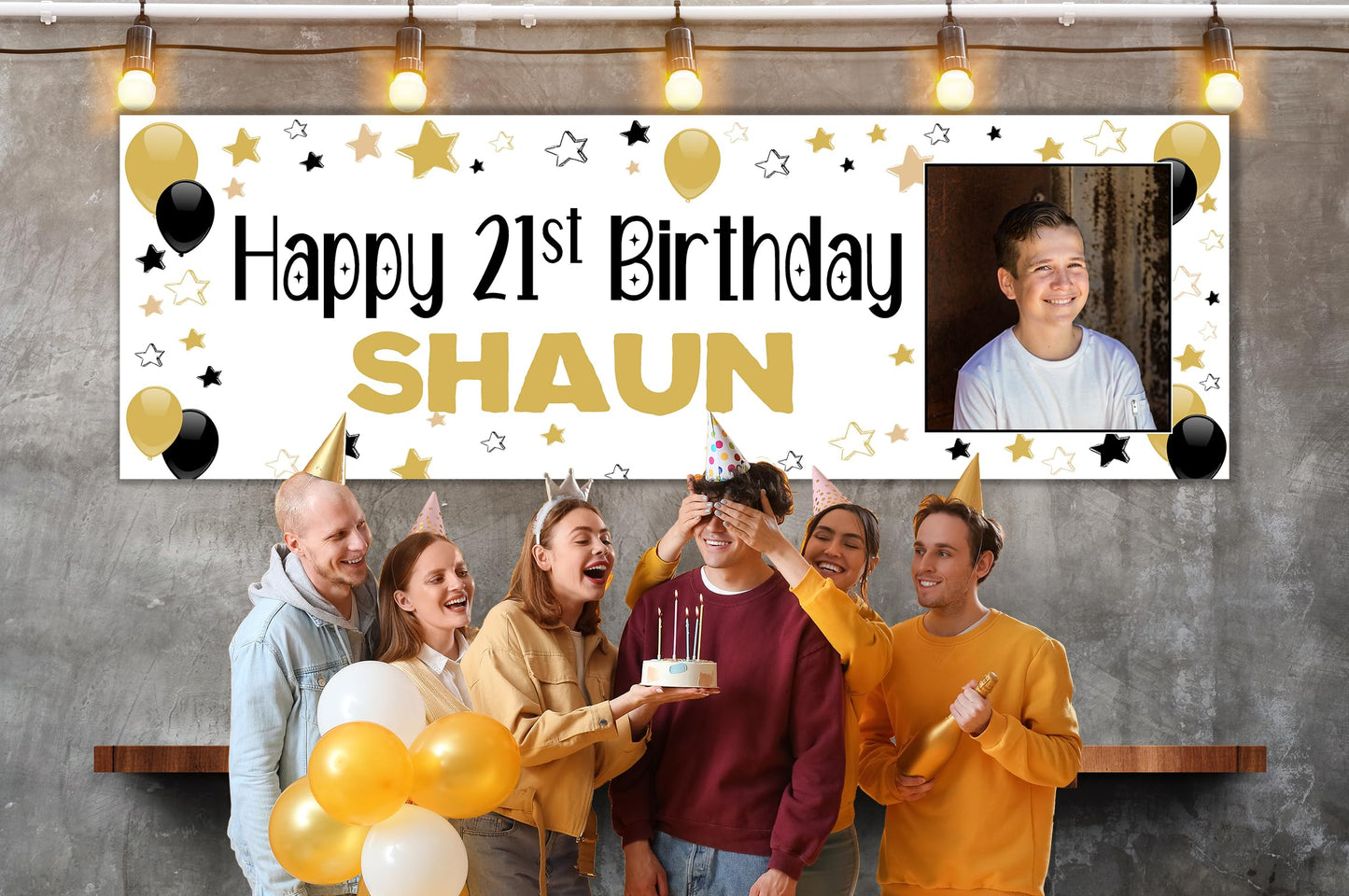 Large Personalised Banner Any Occasion Name with Photo for Men Women Boys Girls (6ftx2ft with PHOTO, Gold & Black Stars)