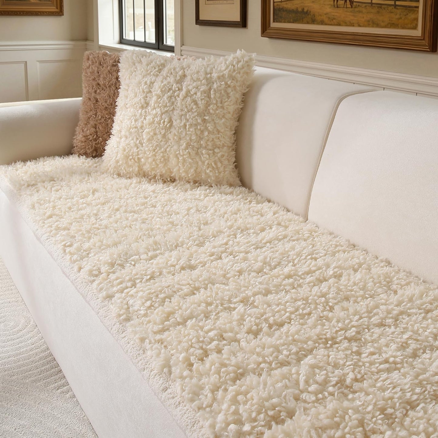OHSIO Couch Cover for Pets, Washable Non-Slip Sofa Cover Pet Friendly, Soft Fuzzy Teddy Fleece Sofa Slipcover for 2 Cushion Sofa Furniture Protector (Ivory, 27.6" x 59")