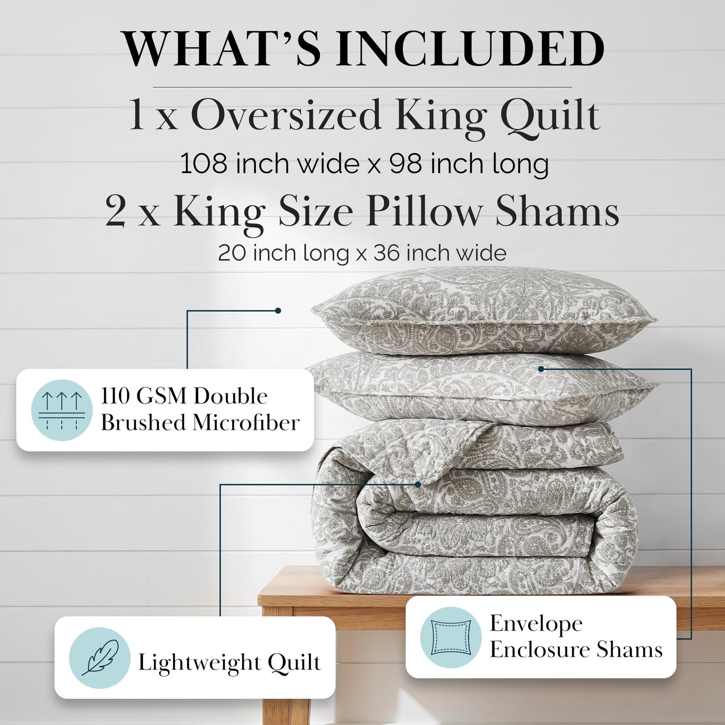 Southshore Fine Living, Inc. Ashanti Collection Oversized King Quilt Bedding Set, Soft Fabric, Lightweight Bedspread 3-Piece, Two Matching Shams (108 in Wide x 98 in Long), Cal/King Quilt Sets, Bone