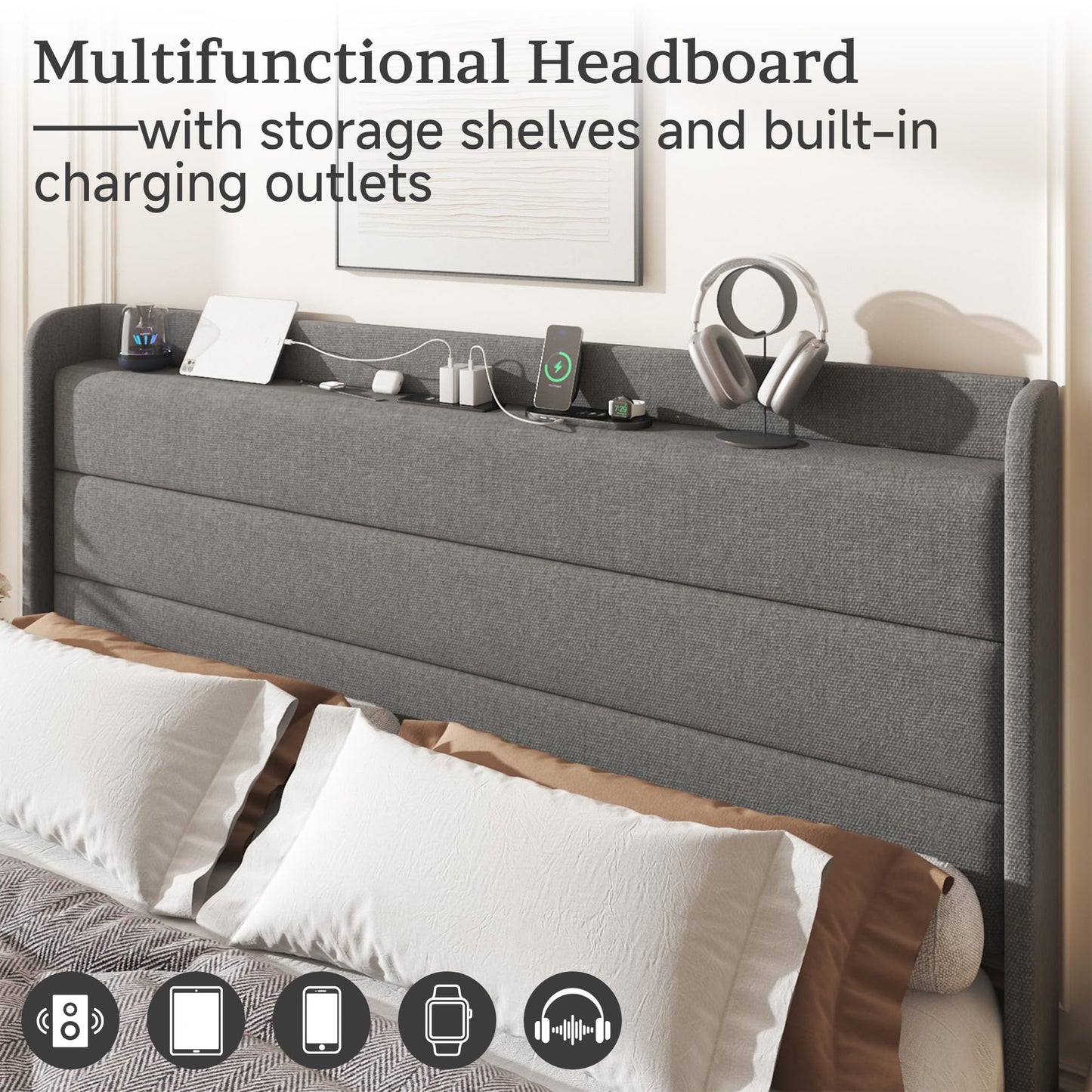 Lcwtvgxr Queen Size Linen Multifunctional Bed Frame, Wingback Headboard with Charging Station & Storage Shelf, Upholstered Platform Bed, Noise Free, No Box Spring Needed, Easy Assembly, Grey