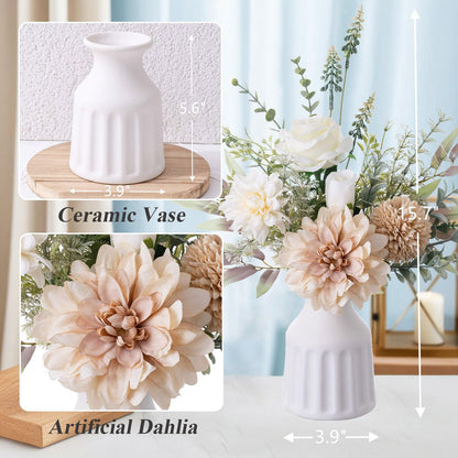 Fake Flowers in Vase, Artificial Flowers with Vase, 15.7'' Floral Arrangements for Dining Table Centerpiece Decor, Silk Roses & Faux Dahlia Bouquet for Farmfouse Kitchen Coffee Table Decor (Brown)