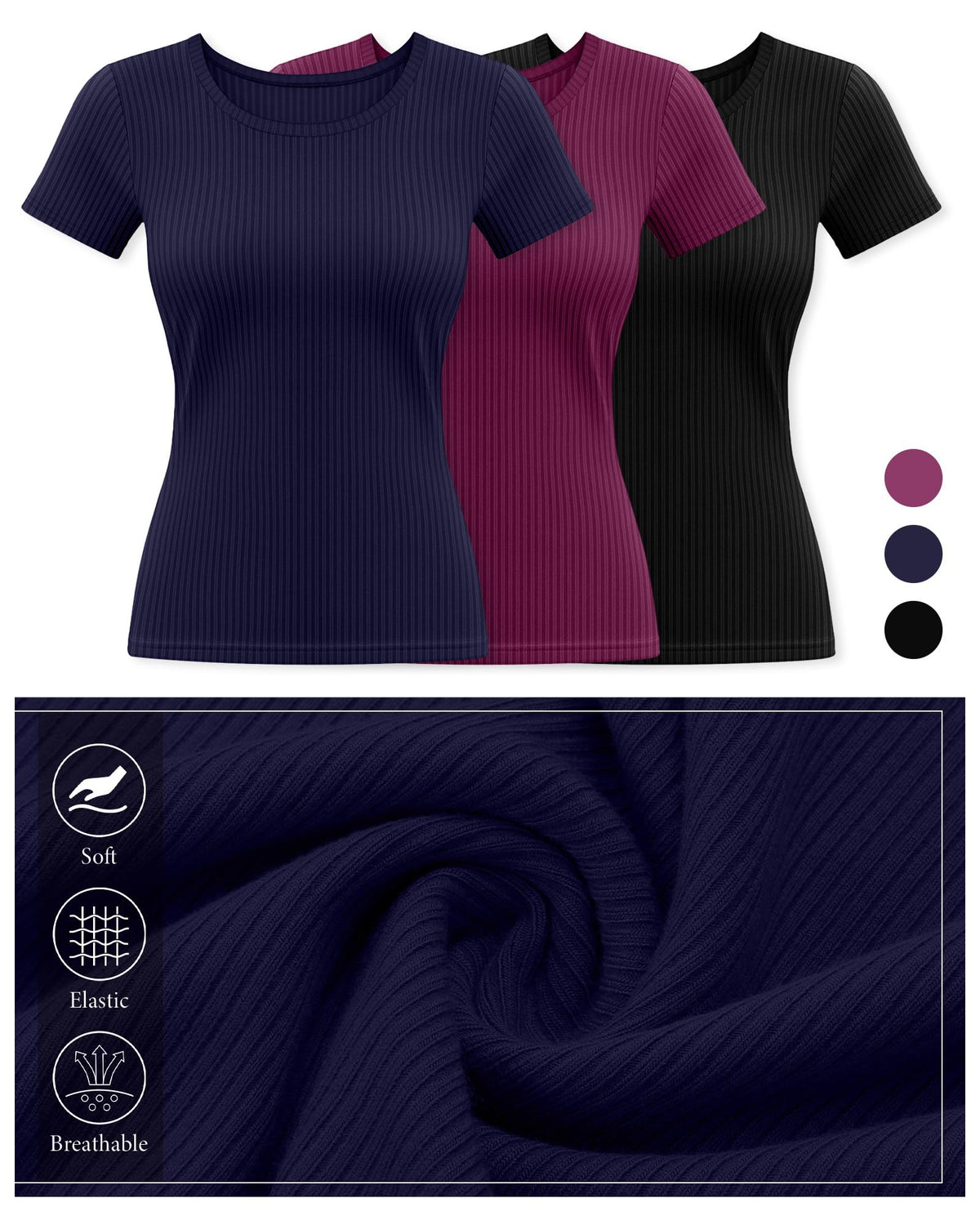 Ficerd 3 Pack Women's Short Sleeve T Shirts, Crew Neck Ribbed Knit Tops for Summer Casual Solid Tee Slim Fitted Basic Shirts(Black, Navy Blue, Fuchsia,X-Large)