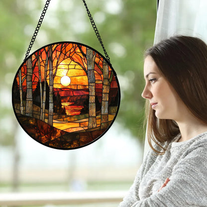 JOSUMALY Stained Glass Window Hanging, Orange Red Landscape Forest Lake Moon Suncatcher for Doors Window Home Sun Catchers Decor Mother's Day Birthday Gifts for Women Men Mom 7.8 in