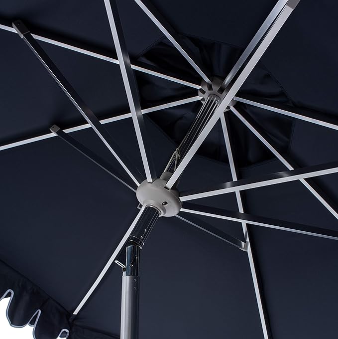 SAFAVIEH 9ft Outdoor Patio Umbrella, Round, Valance, White & Navy Trim, Auto Crank Tilt, UV Resistant for Deck, Backyard, Poolside (PAT8006G)