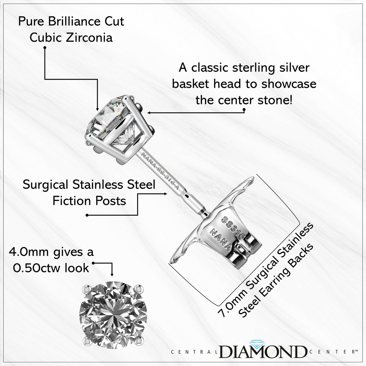 Central Diamond Center Round Simulated Diamond Stud Earrings Hypoallergenic Metal & Sterling Silver CZ - 4.00mm (0.50cttw) Rose