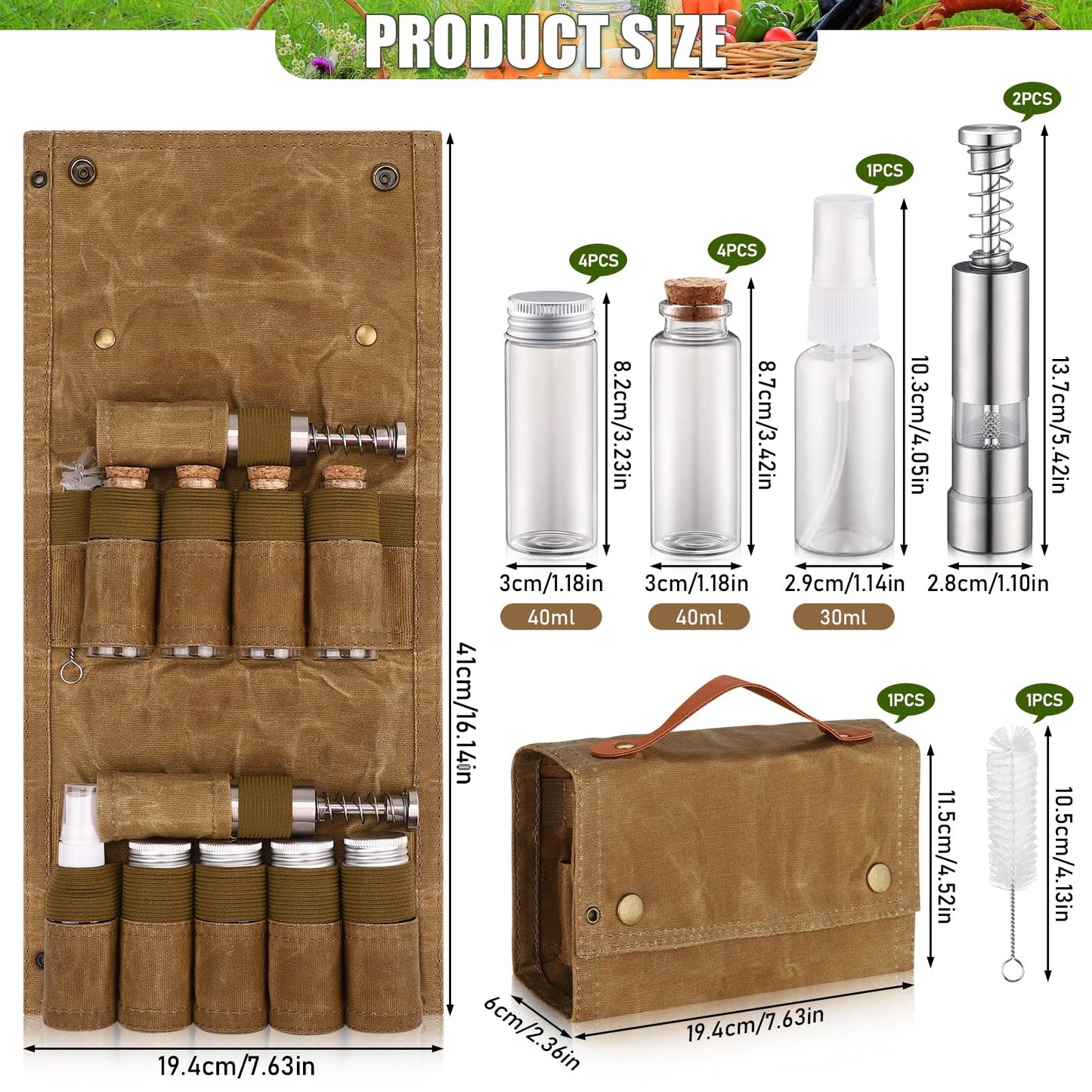 TOBWOLF Camping Spice Kit with 9 Jars, 2 Salt/Pepper Grinders, Portable Spice Bag, Foldable Canvas Seasoning Storage Bag Organizer, Mini Condiment Container Set for Outdoor Camping Picnic BBQ - Khaki