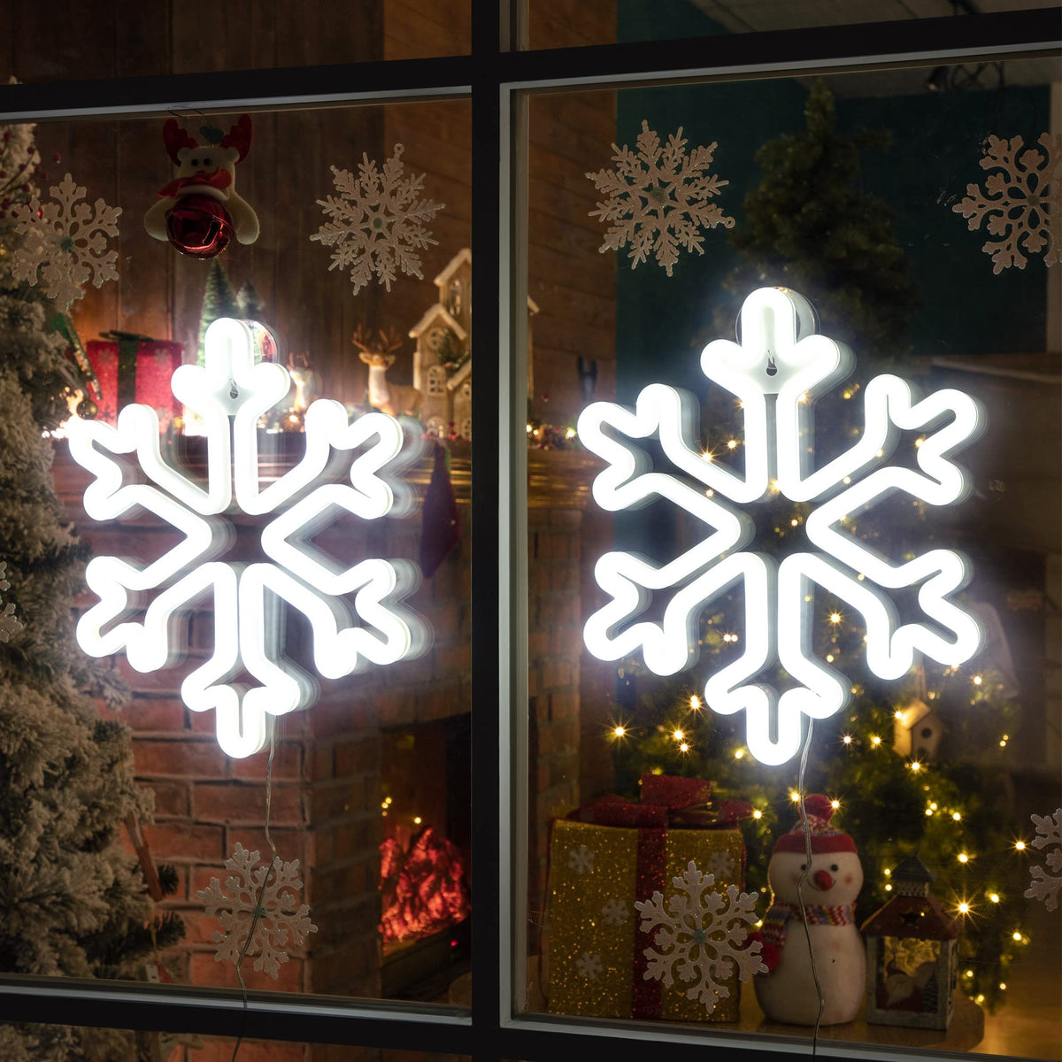 Enhon Christmas Neon Snowflake Light, 12 Inch Giant Snowflake Lights, Battery and USB Powered Christmas Curtain Neon Sign with Timer for Xmas Party Decoration(Cool White,2 Pack)