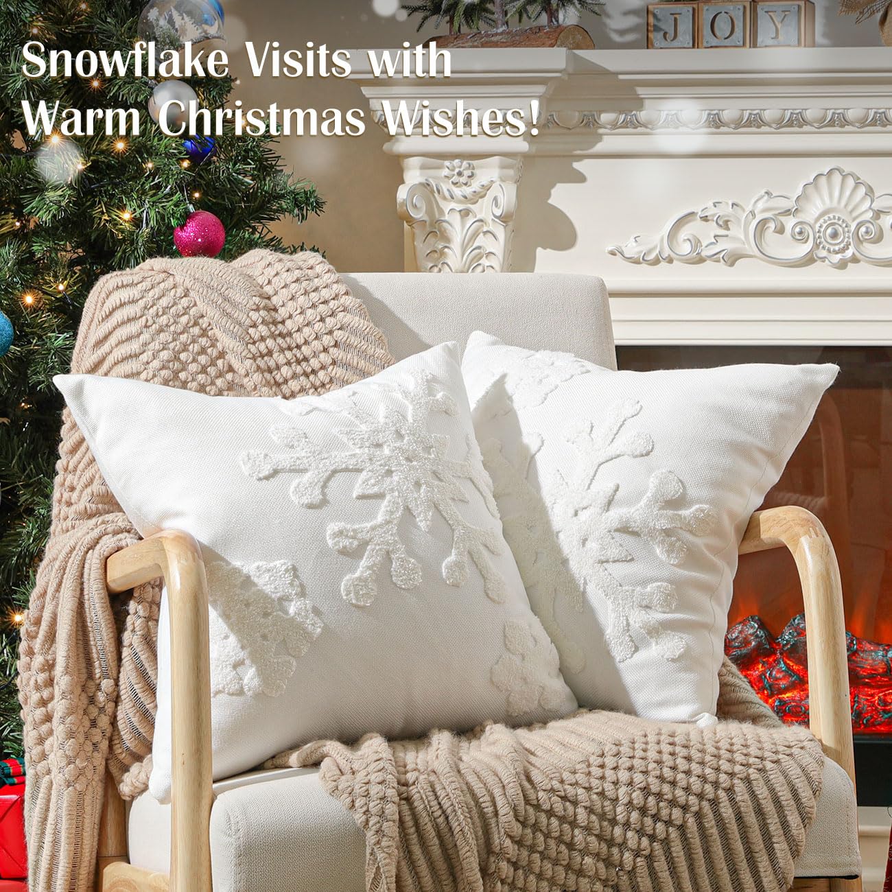 Lewondr Christmas Throw Pillow Cover, 2 Pack Snowflake Embroidery Decorative Throw Pillow Case Linen Sofa Cushion Cover for Party Thanksgiving Day Xmas Decor 18"x18"(45x45cm) - White