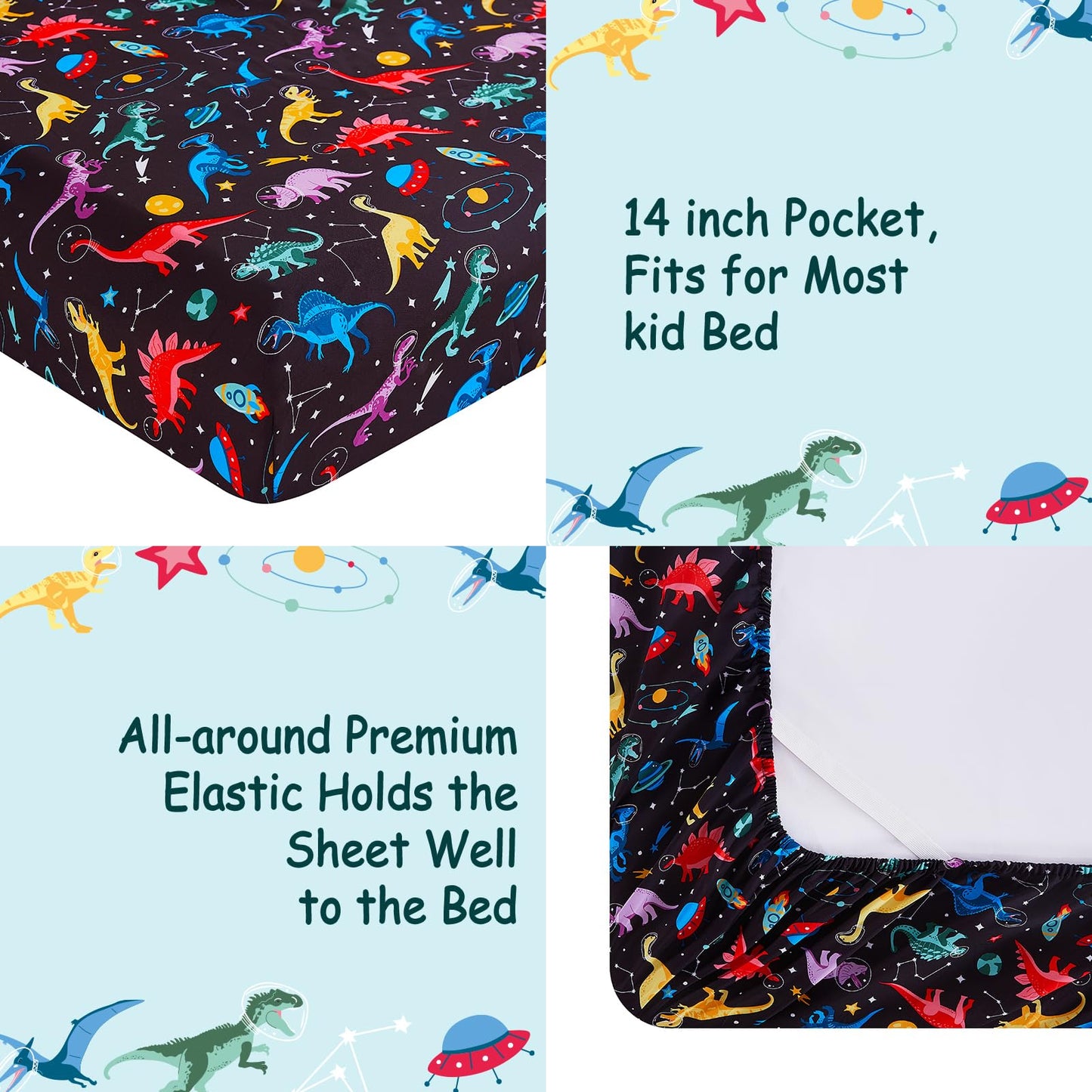lasoftan Kids Sheet Set Twin Size, Twin Sheet Set with Space Dinosaur Pattern，Breathable Silky Soft Microfiber Kids Fitted Sheet