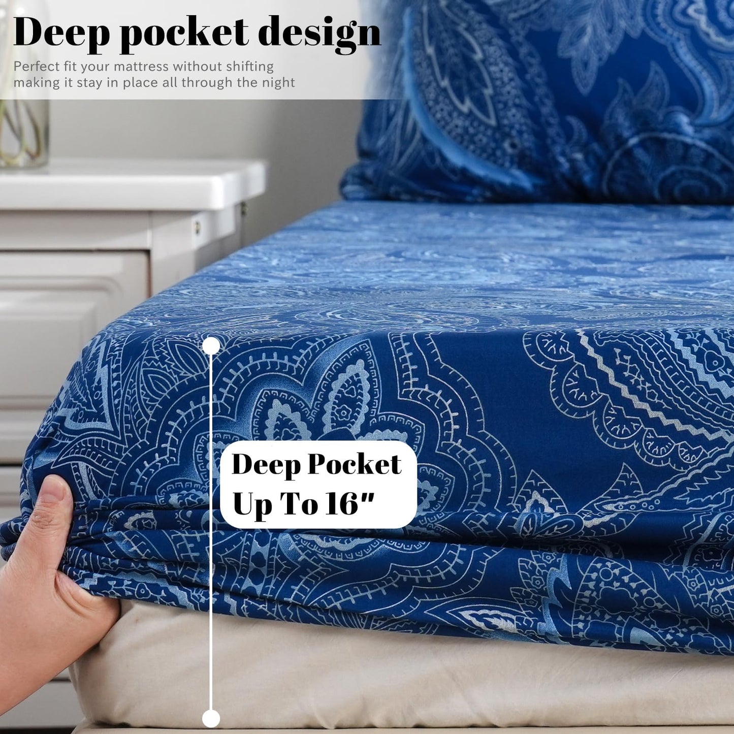 Bedlifes King Sheet Set Ultra Soft, Breathable, Silky Flower Deep Pocket 100% Microfiber Bedding, 4 Piece King Size Paisley Dark Navy Blue