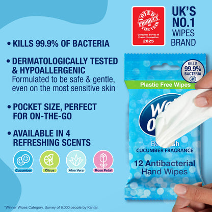Wet Ones – Be Fresh – Plastic Free Antibacterial Pocket Size Hand Wipes - 144 wipes – 12 packs x 12 wipes
