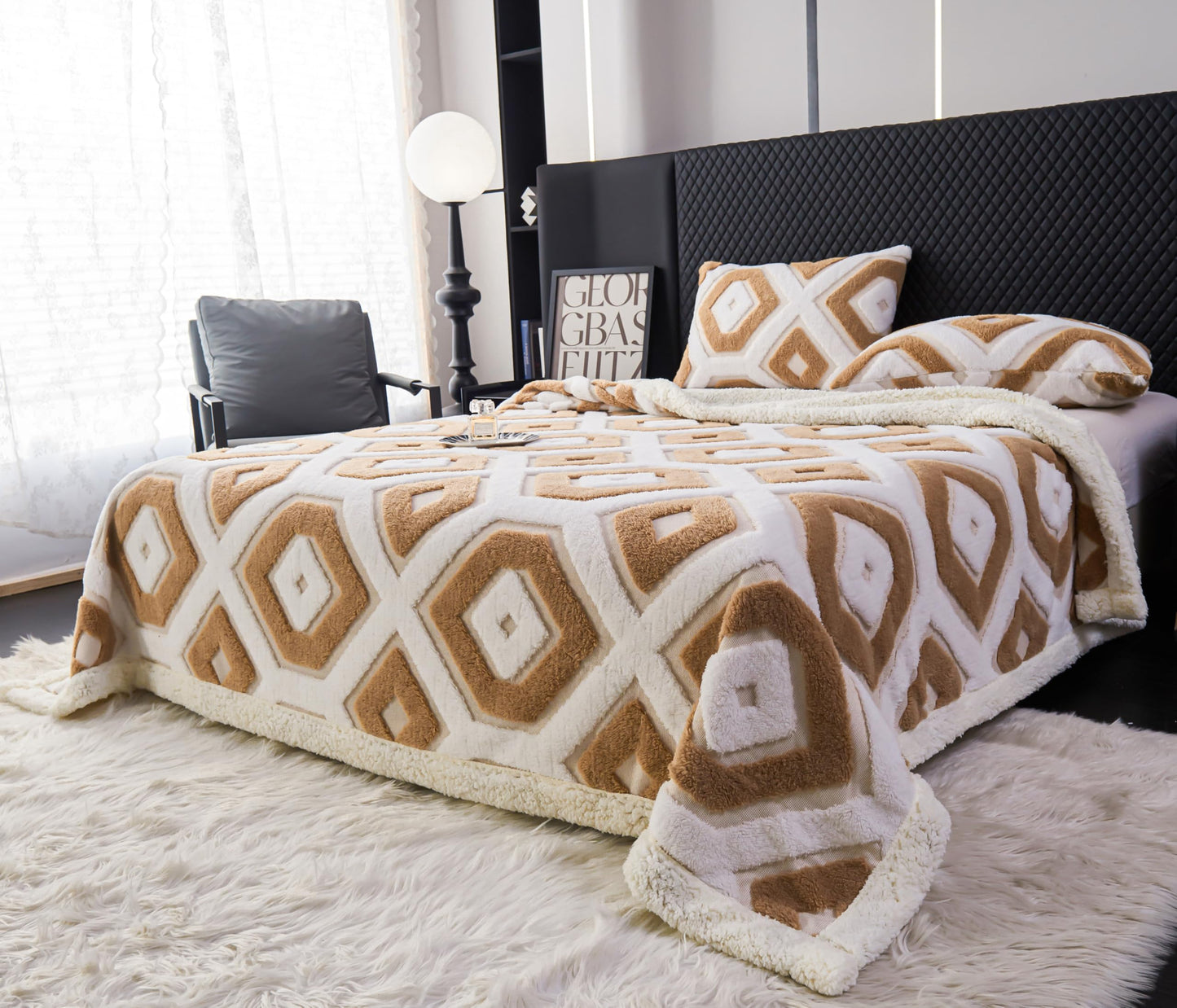 LEVINIS Boho Sherpa Fleece Blanket 80'' × 90'', Ultra Soft Aztec Queen Blankets for All Season, Cozy, Plush, Bohemian Throw Blanket for Bed/Couch/Sofa/Office/Camping, Camel