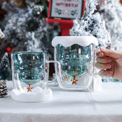 LIBWYS 2 Pack Christmas Mugs, Double Walled Borosilicate Christmas mug set with Snowflake Lid, Cute Mugs for Hot Cocoa and Coffee, 300ml Christmas tree mugs Christmas Gift for Family, Friend