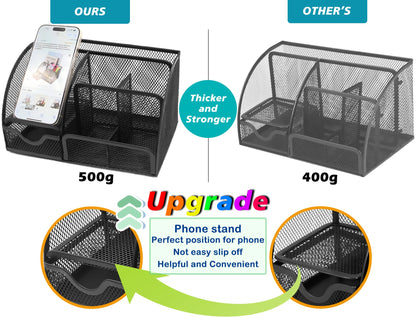 Boutilon Mesh Desk Organizer Desktop Office Supplies Stationary Organizer with 6 Compartments and 1 Drawer Multi-Functional Caddy Pen Holder for Home Office School Desk Decor(Black)