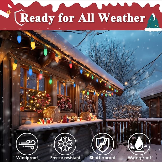 C9 Christmas Lights Outdoor Multicolor, 200FT 100LED string Lights Waterproof Shatterproof, Extendable C9 Xmas Light, Indoor Outdoor Christmas String Light for House Roof Patio Garden Tree Party