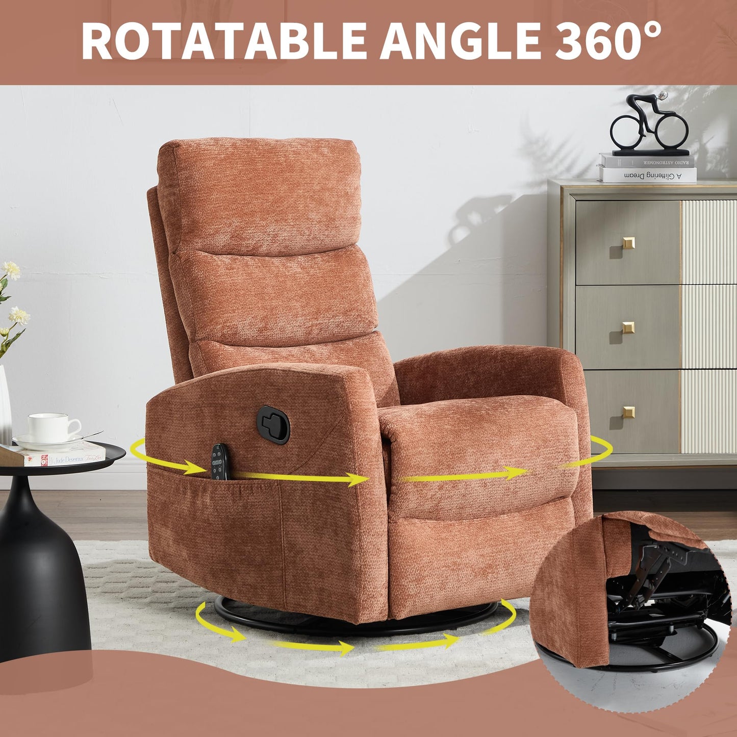 KEIKI Heat Massage Manual Recliner Chair, 360° Swivel Rocker with Lumbar Heat, Chenille Fabric Overstuffed Padding, 3 Massage Modes Timer, Tool-Free 10-Min Assembly for Bedroom Lounge, Orange
