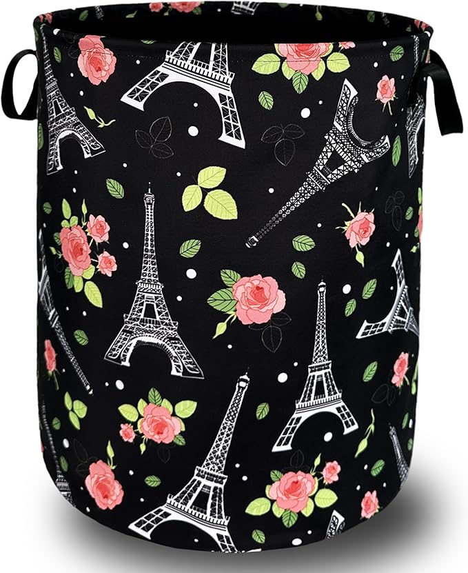 Retro Eiffel Tower Laundry Hamper Rose Flower Colorful Laundry Basket