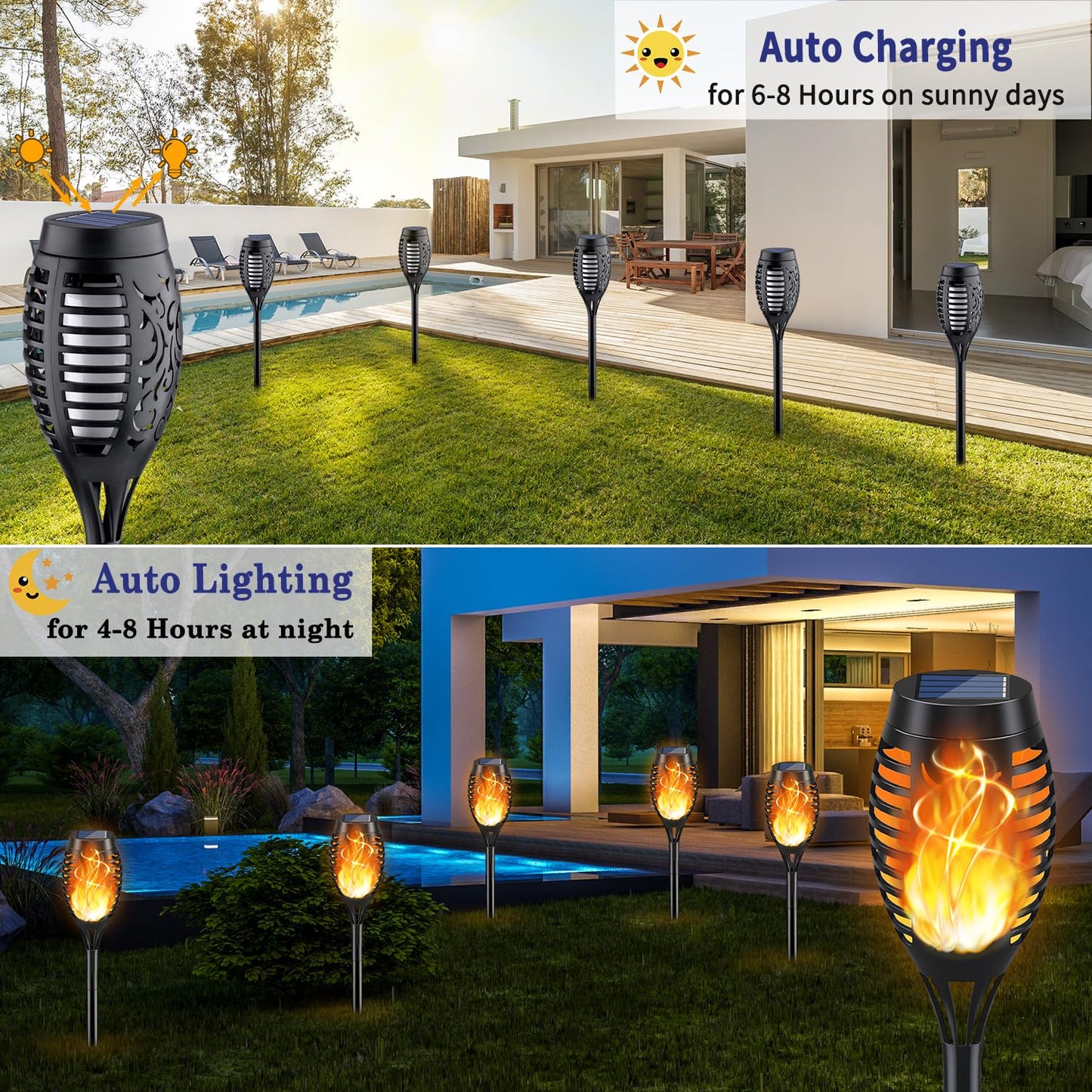 KYEKIO Solar Torch Light with Flickering Flame, 12Pack Solar Lights Outdoor, Solar Garden Lights Outdoor Waterproof, Luces Solares para Exteriores, Outside Lighting for Pathway Yard Patio Decorations
