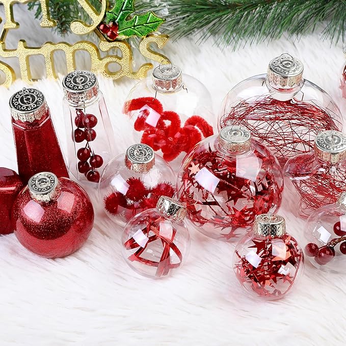 SHareconn 86PCS Christmas Balls Ornaments Set,Shatterproof Plastic Clear Decorative Baubles for Xmas Tree Decor Holiday Wedding Party Decoration, Red