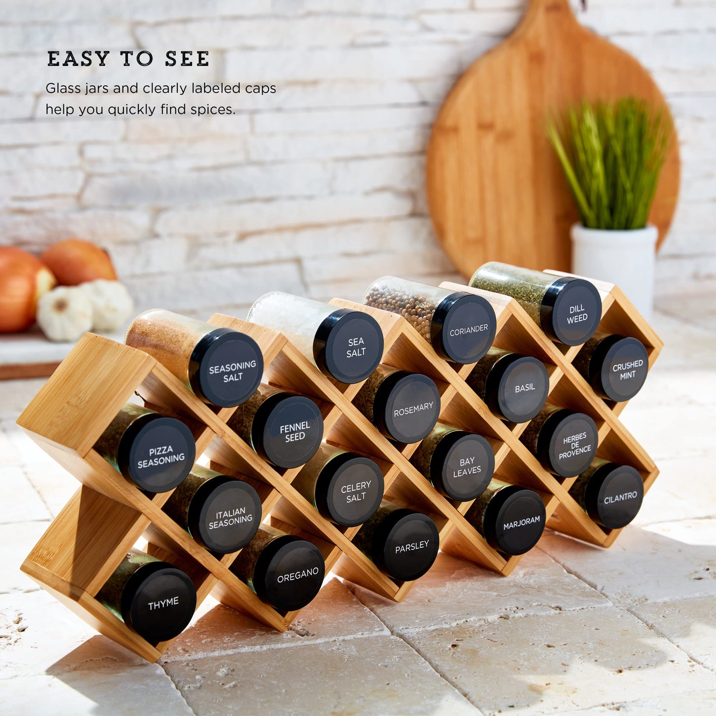 Kamenstein Criss Cross 18 Jar Bamboo Spice Rack with Spices Included - Countertop, Drawer, or Wall Mount Organizer with Refill Program