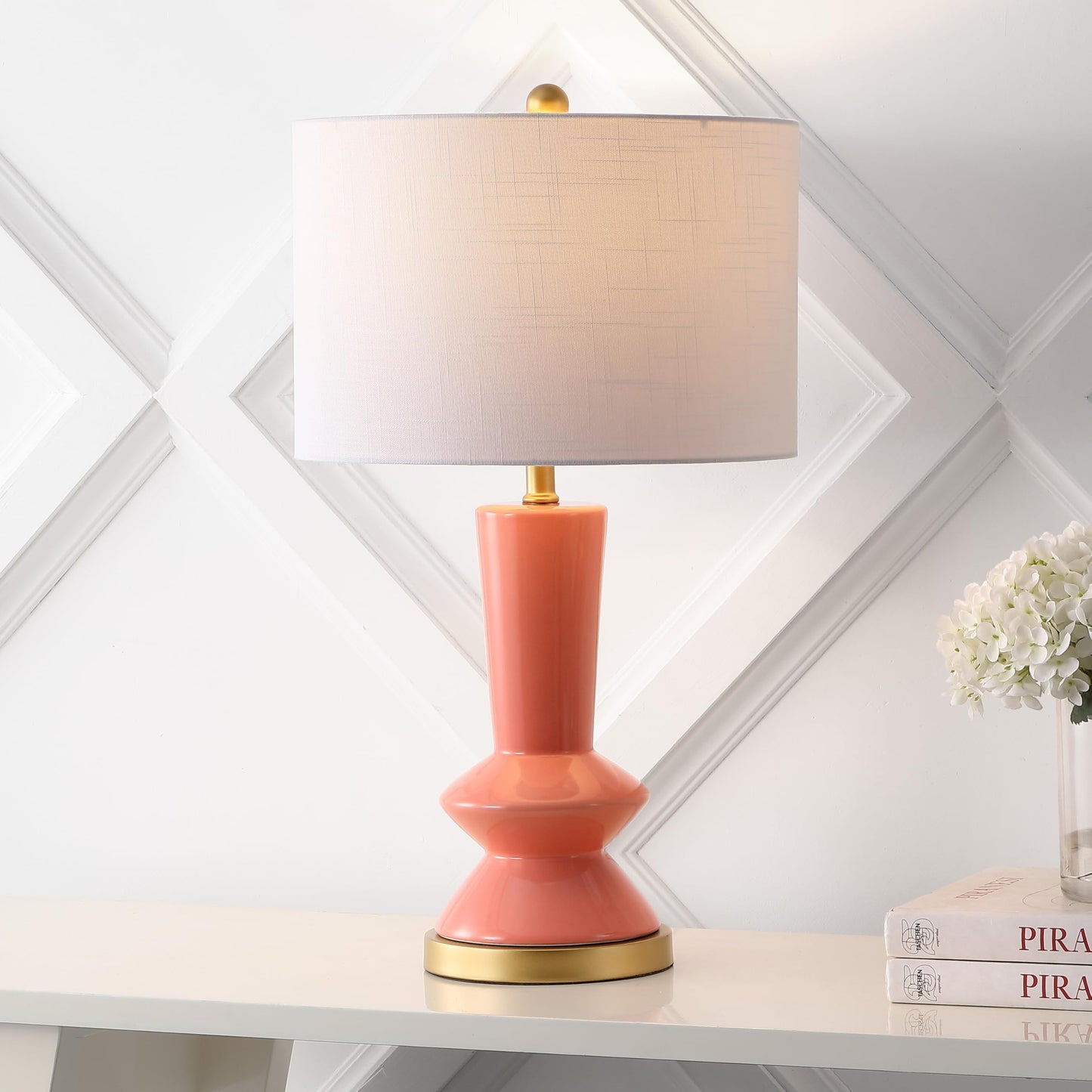 JONATHAN Y 27" Coral/Gold Painting Modern Ceramic Table Lamp for Bedroom Living Room, with White Linen Shade, Glam Geometric Bedside Nightstand Lamp, LED Bulb Included (JYL6607B)
