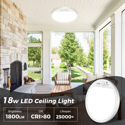 slochi LED Ceiling Light with Motion Sensor, 3000K-4000K-6500K & 100W Equivalent Motion Sensor Lights Indoor, 18W 1800LM 18cm Bathroom Ceiling Light for Bath,Porch,Stairs,Garage