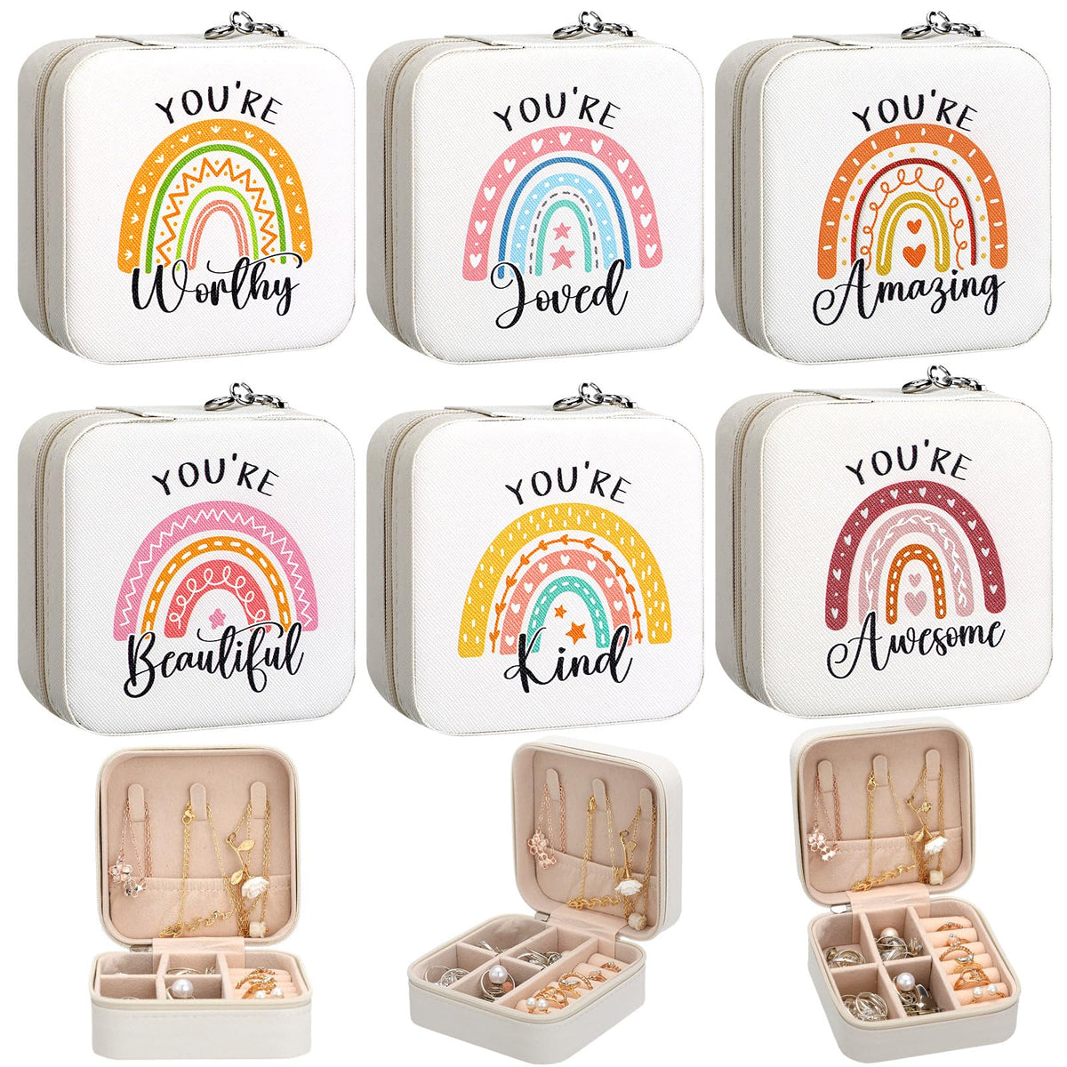 Kenning 6 Pcs Travel Jewelry Case Mother's Day Church Gifts Bulk Inspirational Rainbow Travel Jewelry Box for Women Teachers Gifts Portable Jewellery Storage Organizer Box for Rings Earrings Necklaces