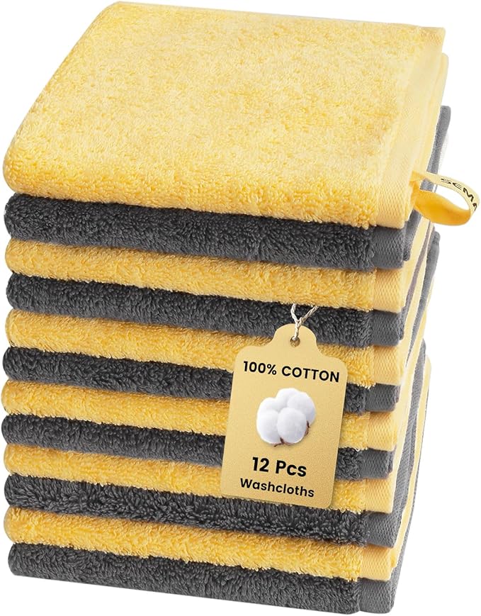 SEMAXE 100% Cotton Washcloths 12-Pack, 13 × 13 Inch Soft Luxury Face Towels –