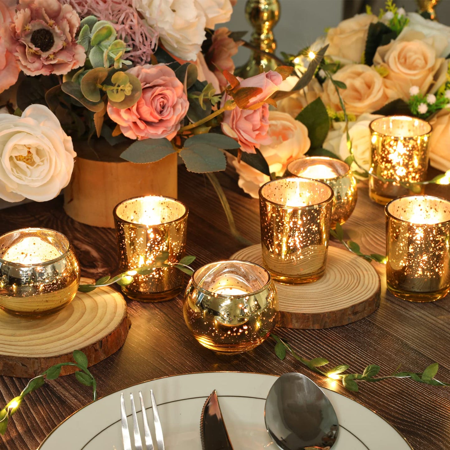 Gold Votive Candle Holders 12Pcs Assorted Gold Mercury Glass Votives Tealight Candle Holders for Table Centerpiece Wedding Bridal Shower Engagement Party Festival Holiday Home Decor