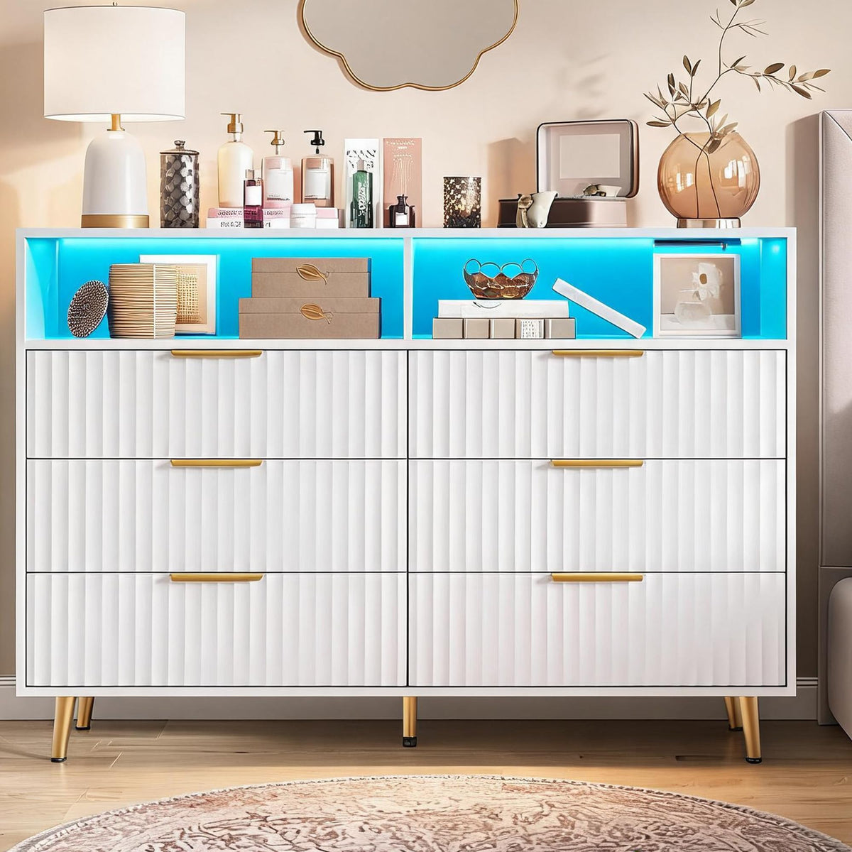 IDEALHOUSE 6 Drawer Fluted Dresser for Bedroom, 47.2" Wide Modern Chest of Drawers with Metal Handles, Wooden TV Stand, Storage Organizer for Closet, Living Room, Hallway, White