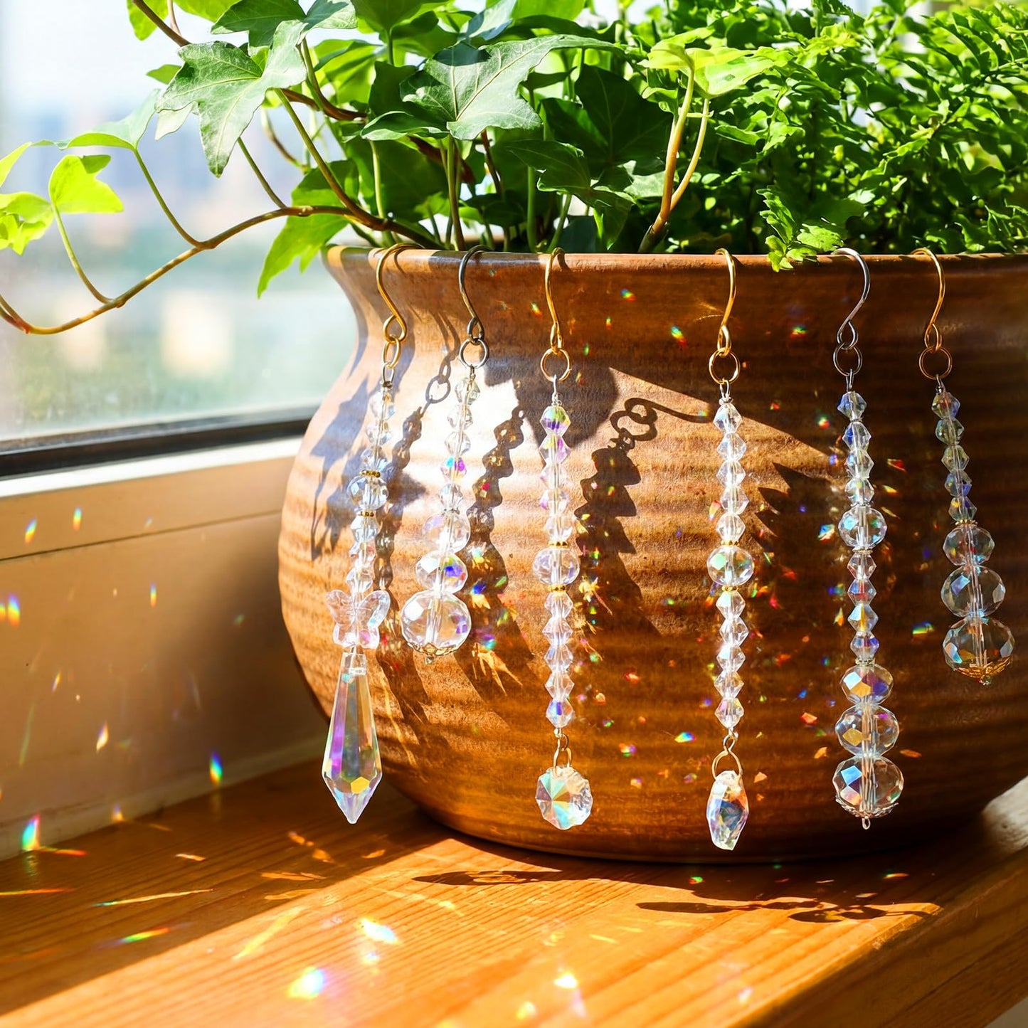 MTLEE 6 Pcs Crystal Suncatchers Plant Decorations Charms Hanging Prisms for Window Indoor Garden Plant Pot Holder Hanger Tree Vine Home Chandeliers Outdoors(Classic)